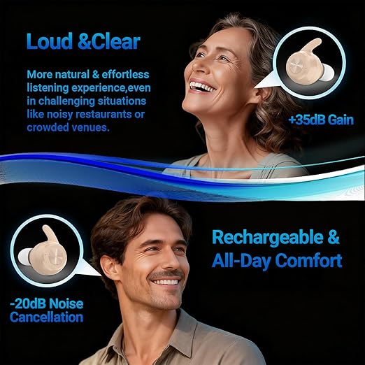 OTC Hearing Aids for Seniors & Adults - Rechargeable, 25+ Hour Battery Life, Advanced Noise Cancellation, 5-Level Volume & Memory, Clear Sound, Comfort-Fit