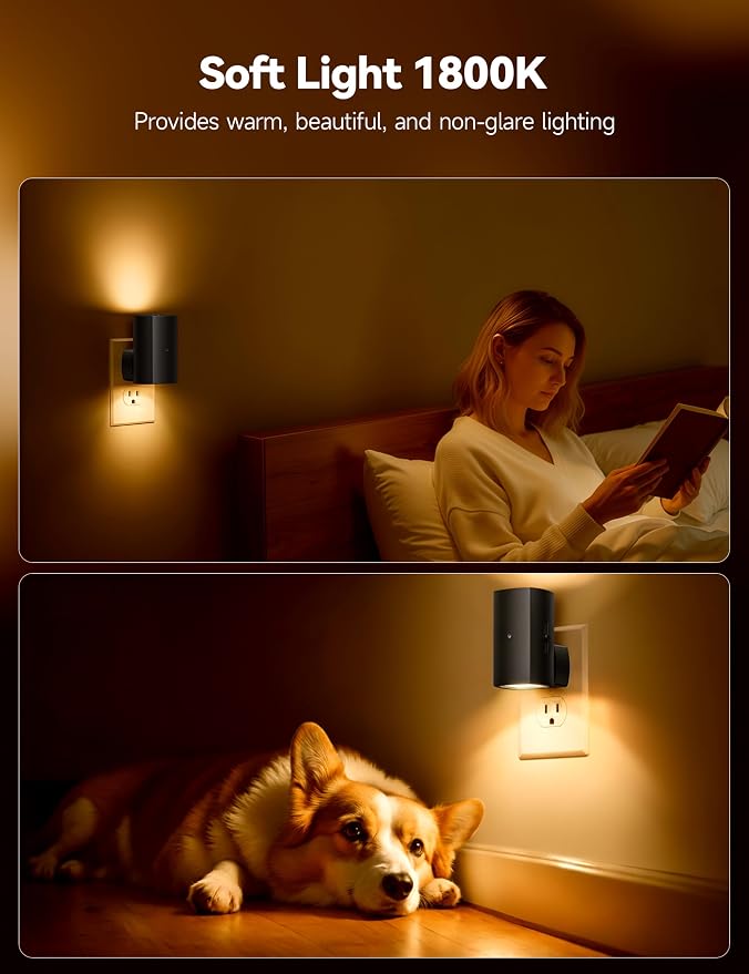 Brightown 2 Pack White Night Lights with Rotating Plug, Amber | Modern Night Light with Rotating Plug, Dusk to Dawn Sensor, 0-100LM Stepless Dimming Night Light for Hallway Bedroom Bathroom
