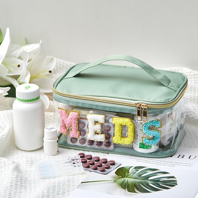 Geetery Chenille Letter Bag, Meds Cheer Travel Cases Cheerleader Gifts Cosmetic Bag Nylon Makeup Portable Preppy Patch with Zipper Toiletry Storage Case for Women(Sage Green,Meds)
