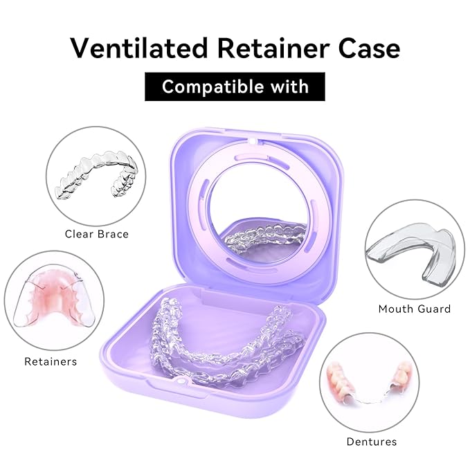 HEMILAB® Retainer Case, Slim Aligner Case with Vent Holes, Compatible with Invisalign, Mouth Guard Case with Mirror, Cute Orthodontic Retainer Case with Retainer Removal Tool and Brush, Purple