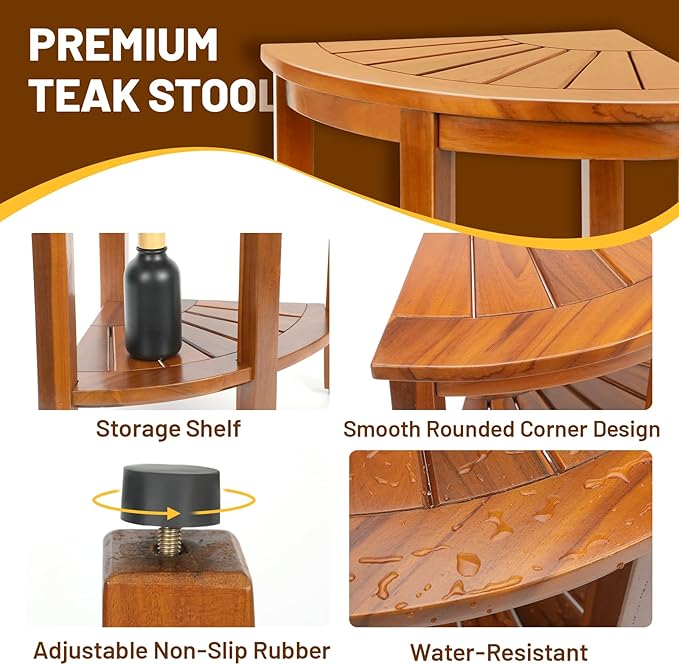 18" Premium Teak Corner Shower Bench with Shelf, Solid Teak Shower Stool, Durable Waterproof Wooden Seat for Inside Shower, Teak Wood Bench for Bathroom, Indoor & Outdoor Use
