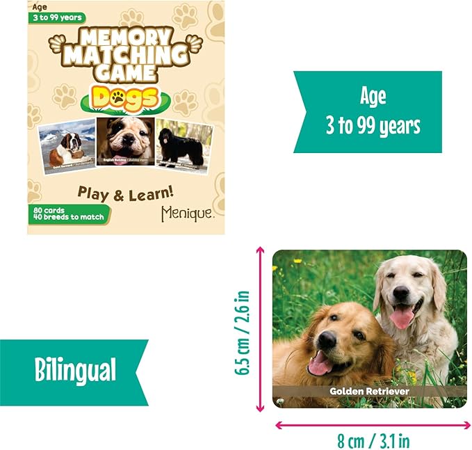 Menique – Dogs Memory Matching Game – Bilingual – 80 Cards (40 Pairs) with Real Photographs – Educational Game for Kids and Adults