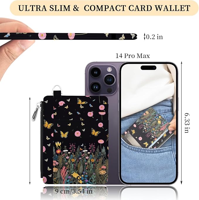 Hancynir Butterfly Flower Slim Wallet Women Credit Card Holder, Small RFID | Zipper Pocket Wallet, Thin Travel Coin Purse, PU Leather, Minimalist Card Case, 6 Card Slots, ID Window, Ladies Women Gifts