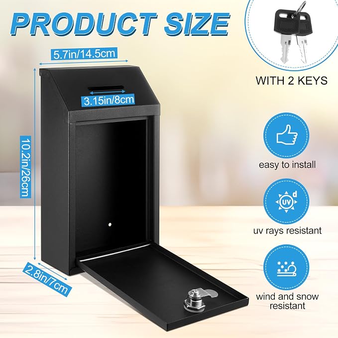 Yaocom Metal Money Box,Black,10.24 x 5.71 x 2.95 Inch,No Lid | Wall Mounted Drop Donation Cash Box for Farm Stand Collection Safe Suggestion Box with Lock Container for Home Office Outdoor