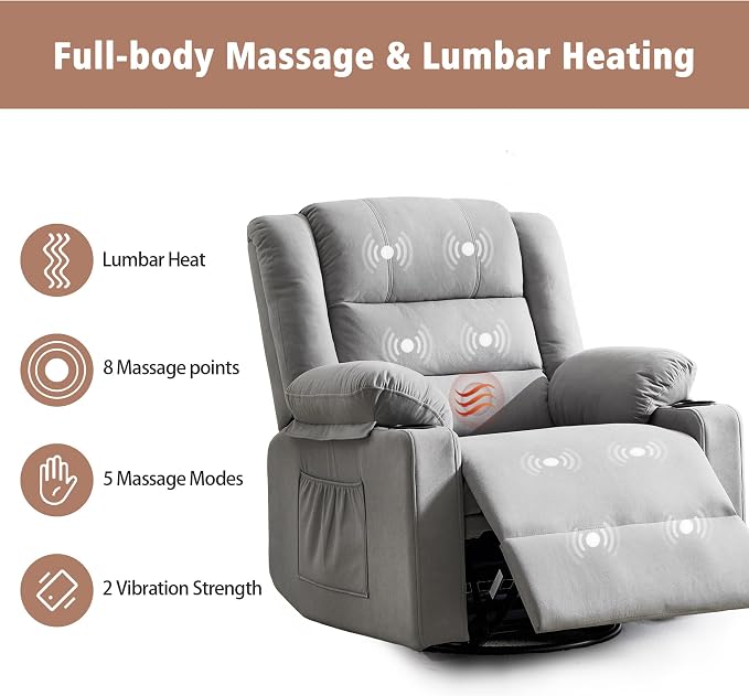 Ketaiyou Swivel Rocker Recliner Chair for Adults with Massage and Heat, Cup Holders and Side Pockets, Glider Rocking Reclining Single Sofa Chair for Living Room (L Grey)