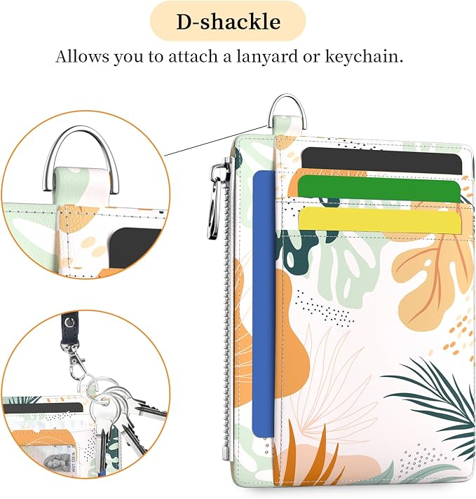 Hancynir Boho Leaves Slim Wallet Women Credit Card Holder, RFID Small Cute | Zipper Pocket Wallet, Thin Travel Coin Purse, Ladies Women Gifts, Minimalist Card Case, 6 Card Slots, ID Window, PU Leather