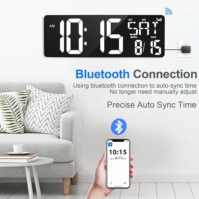 XREXS 17.2" Digital Wall Clock with Remote Control, Bluetooth Sync Time LED Digital Clock for Living Room Decor, Auto DST, Temperature for Living Room, Gift for Elderly and Teens