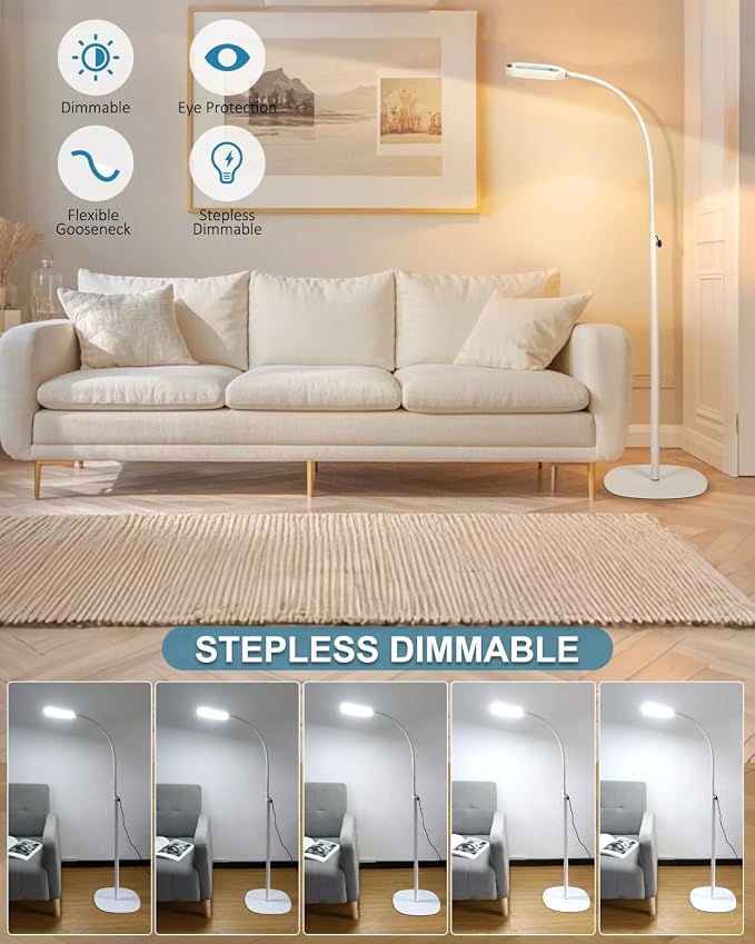 12X Rectangle Magnifying Glass with Light and Stand, 24" Flexible Gooseneck 3-in-1 Floor Lamp, 5 Color Modes Stepless Dimmable, LED Lighted Hands Free Magnifier for Reading Painting Close Work - White