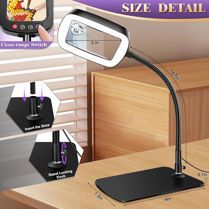 10X 30X Large Magnifying Glass with Light and Stand | 5-inch Lighted Magnifier,72 LEDs,3 Color Modes , Hands-Free Magnifying Desk Lamp for Reading, Craft, Hobby, Close Work