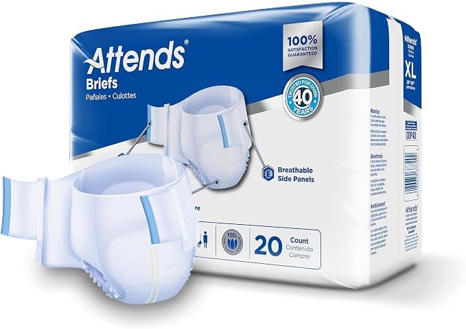 Attends Adult Incontinence Disposable Briefs, X-Large, 58"-63" Waist with SecureGrip Tab Closure, Extra Heavy Absorbency with Super Absorbent Core and Breathable Side Panels, 20ct Bag