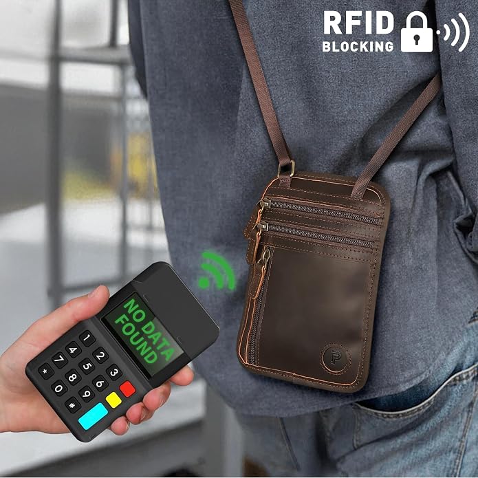 Polare Full Grain Leather Neck Wallet RFID Blocking Conceal Passport Holder Travel Pouch with AirTag Slot for Men