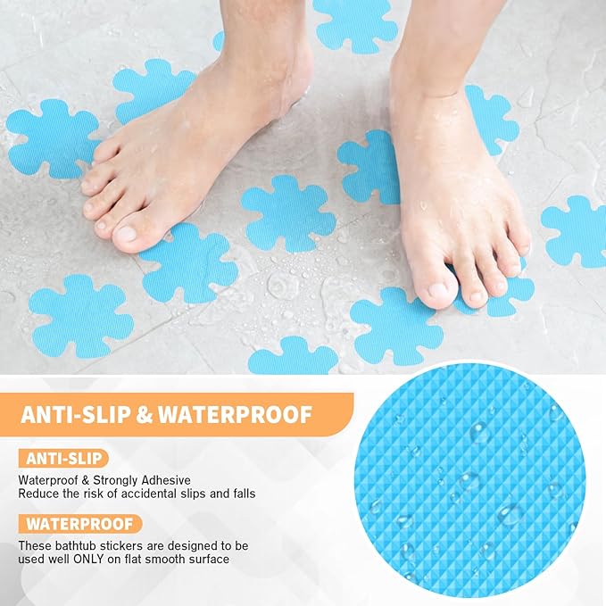 24 PCS Non Slip Bathtub and Shower Safety Stickers, Anti-Slip Stickers and Adhesive Decals Scraper for Bath Tib, Shower Floor, Stairs, Ladders - Flower Shape, Blue