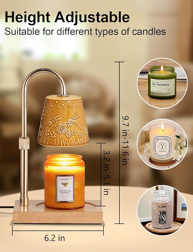 Ceramic Candle Warmer Lamp Dimmable Electric Lamp Candle Warmer for Jar Scented Candles Adjustable Height Mothers Day Birthday Gifts for Women Mom Grandma Offices Home Decor Light(Yellow Dragonfly)