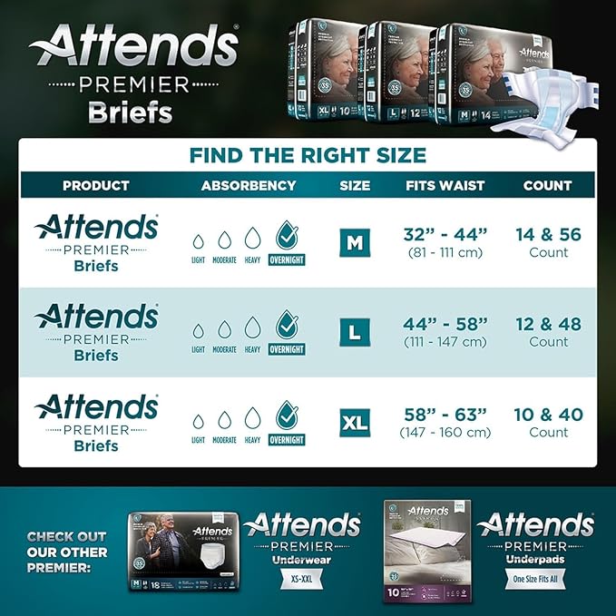 Attends Premier Adult Disposable SmartCool® Briefs, X-Large, 58-63" High-Rise Waist Tab Closure, Premium Overnight Dry-Lock Protection, Odor Control, 40ct Case