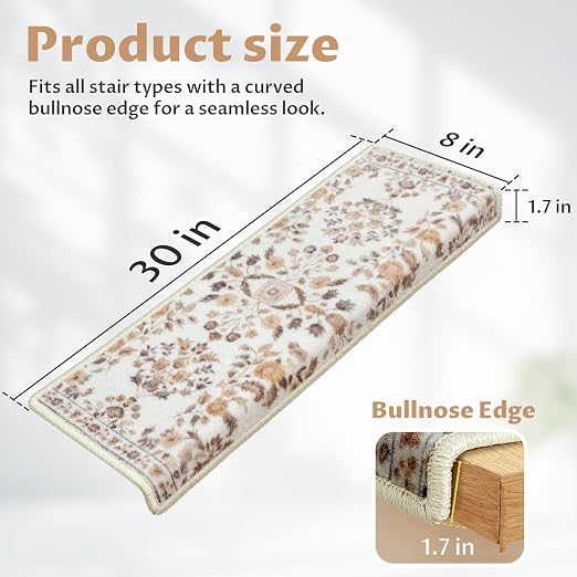 RORA Bullnose Stair Treads for Wooden Steps, Non Slip Stair Carpet 2pcs | Washable, Self-Adhesive, Floral Stair Rug Runner with Edge Protection for Indoor, Pets & Elder, 29.5 x 9.5x 1.7, Brown