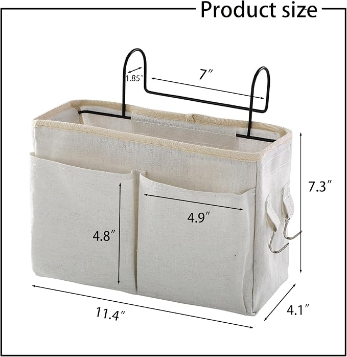 Bedside Caddy Organizer Hanging Storage Basket with Large Pockets & Hooks, Heavy-Duty Canvas Bedside Organizer for Bunk Beds, Dorm Rooms, Hospital Beds & Small Spaces (Beige)