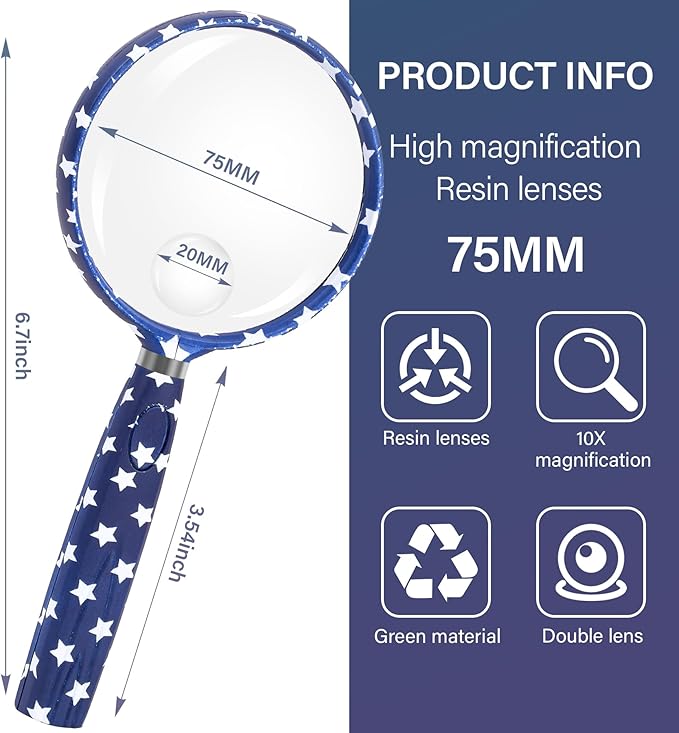 Feosky Handheld Reading Magnifier, 10X 30X Magnifier, 75mm Shatterproof Lens, Non-Slip Handle for Adults Close Work, Seniors Reading and Nature Exploration, Hobby Observation(Star)