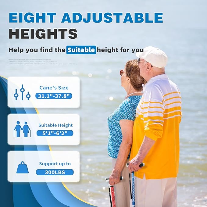 BeneCane Walking Cane for Women Folding Cane for Men with Two Led Lights Quad Cane with Stable Base Lightweight and Adjustable Walking Stick