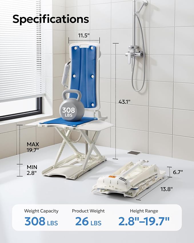 Portable Floor and Bath Lift Chair for Elderly Falls, Max 308 lbs | Lightweight Electric Lift Helps Raise Users From Floor, IPX8 Waterproof Foldable Shower Chair for Tub, Raises Up to 19.7"
