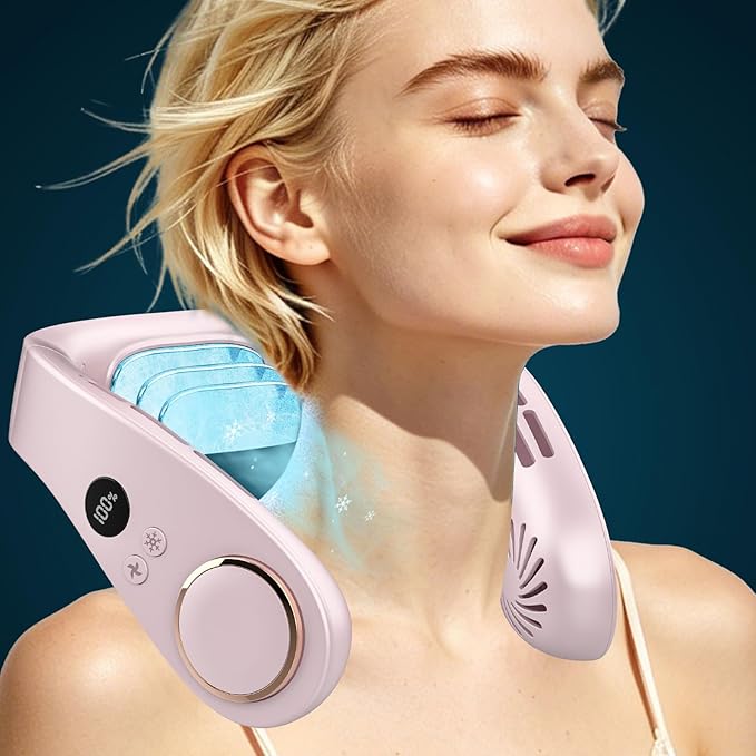 FWV Neck Fans with Cooling Plate, Silent 30dB, 3-24H Battery, 5500mAh USB-C Rechargeable, 5-Speed Neck Air Conditioner, LED Display Wearable Bladeless Personal Fan for Kid Adult Girl Light Purple