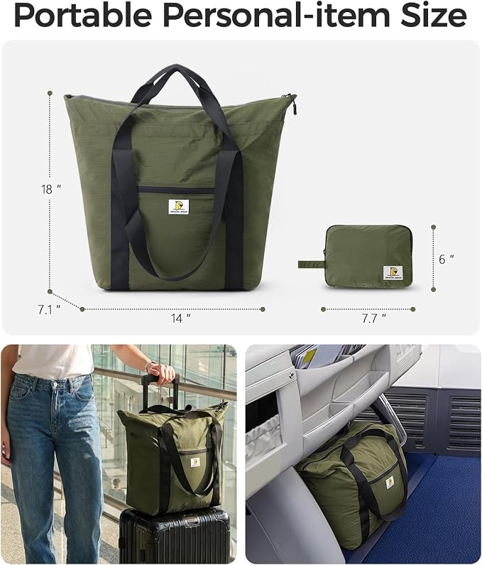 Foldable Travel Bag, 26L Duffle Bag for Travel, Expandable Second Carry-On Bag for Travel & Shopping, Water-Resistant Personal Item Bag, Olive Green