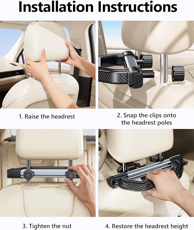 Car Assist Handle for Elderly Pregnant Women Kids - Headrest Mount | Ergonomic Grap Handle, Quality ABS, 2 Storage Hooks, Stable Bolt-Lock System, Broad Compatibility, Easy Installation