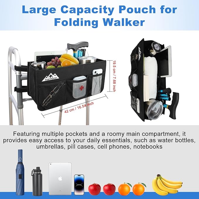 supregear Walker Basket, Foldable Walker Bag with Cup Holder, Storage Pouch with Large Capacity and Never Tipping Over, Hand-Free for Seniors Elderly, Not Fit for Rollator, Black