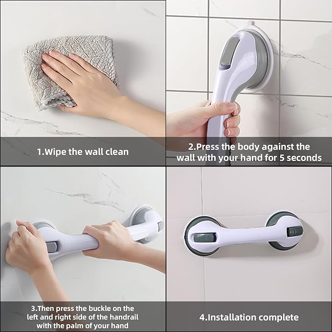 2-Pack Grab Bars for Bathtubs and Showers, 12 inch Shower Handle Suction Shower Bar, Safety Bars for Shower Chair, Bathroom Grab Bar for Senior，No Drilling Removable (Gray, 12 inch)