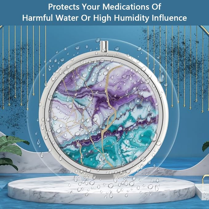 Pill Box 3 Compartment Small Pill Case,Portable for Pocket or Purse Pill Organizer Pill Container Holder to Hold Vitamins, Medication, Fish Oil and Supplements(Teal Blue Marble)