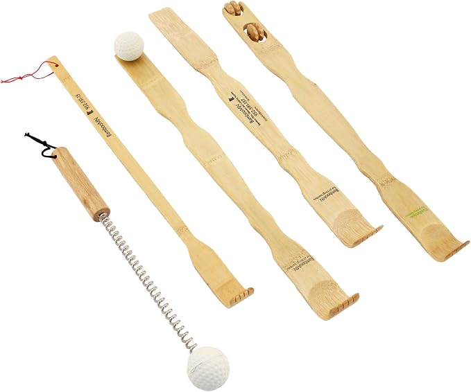 BambooMN 5pc Traditional Bamboo Back Scratcher and Body Relaxation & Travel Size