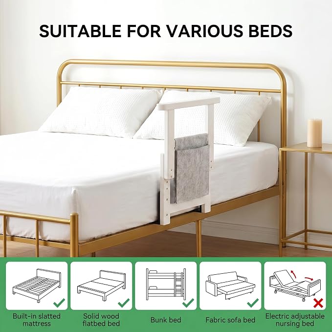 Bamboo Bed Assist Rail for Seniors Adjustable Grab Bar 300lbs White | Non-Slip Handle, Storage Pocket, Fits 4–12 inch Mattresses, Fits Twin, Full, Queen & King Beds