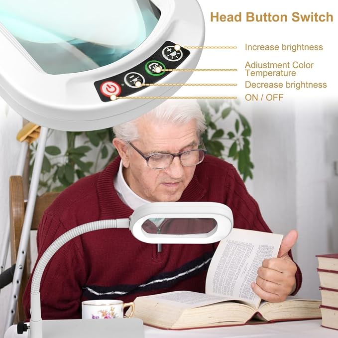 Veemagni 12X Rectangle Magnifying Glass with Light and Stand, Flexible Gooseneck LED Lighted Desk Lamp, 5 Color Modes Stepless Dimmable, Hands Free Magnifier for Reading Painting Close Work - White