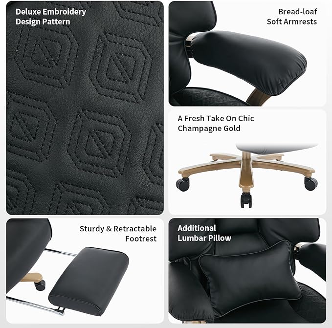 Big and Tall Executive Office Chair with Footrest, 400LBS Capacity Ergonomic High-Back Desk Office Chair with Lumbar Support, Padded Armrests & Thick Cushion, Black PU Leather Chairs