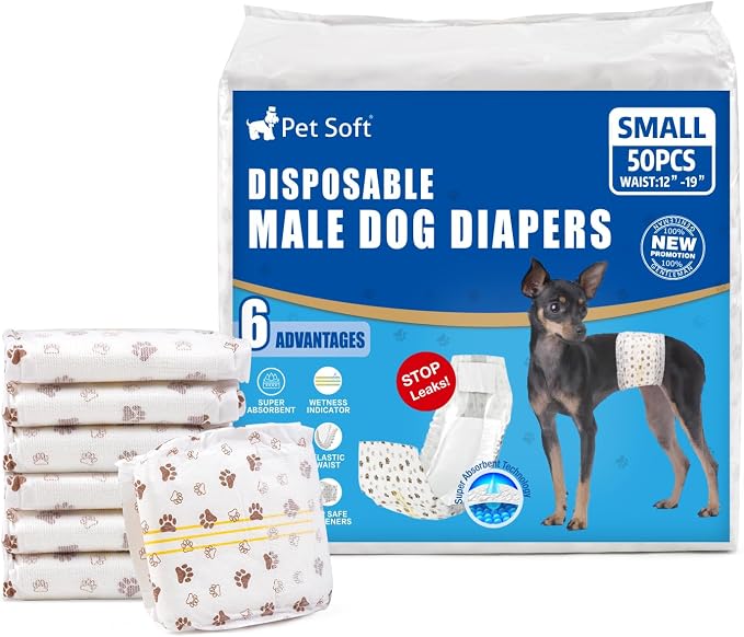 Pet Soft Dog Diapers Male - Disposable Male Dog Wraps Wetness Indicator, Ultra Absorbent Doggie Diapers Comfortable for Incontinence Excitable Urination, 50pcs Small