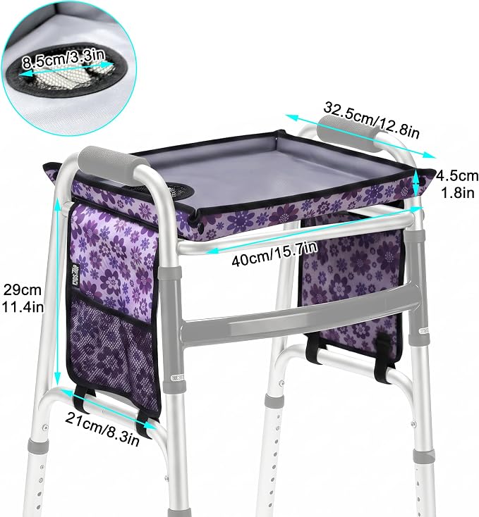 Walker Tray for Folding Walker with Cup Holder, Detachable Tray for Walker, Walker Accessories for Senior with Non-Slip Mat, Universal Fit for Meals, Drinks, Reading,Laptop (Purple with Side Pockets)