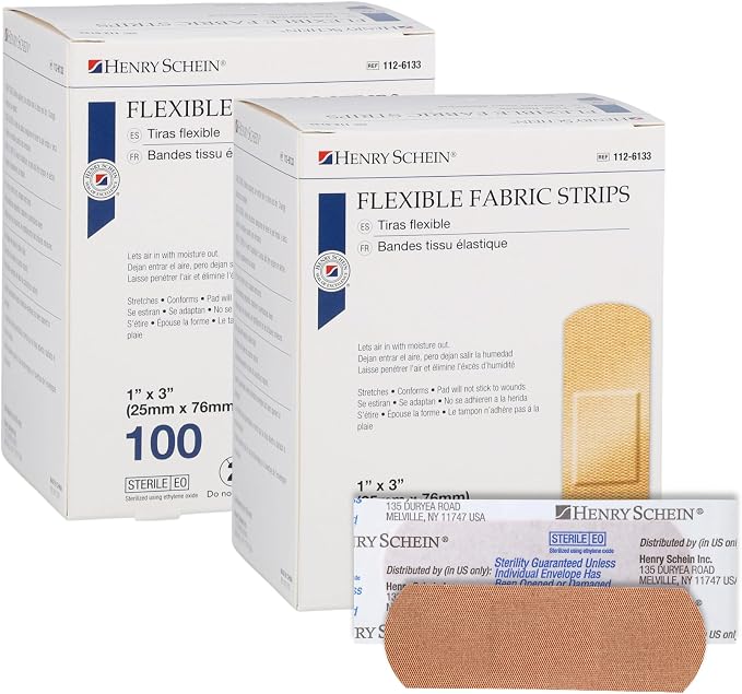 Henry Schein Adhesive Fabric Strip Bandages 1" x 3", Sterile, 200 Ct | Latex Free, Tan, Non-Stick Pad, Everyday Cuts and Scrapes, 2 Boxes of 100, Perfect for First Aid Kits, Home and Medical Use