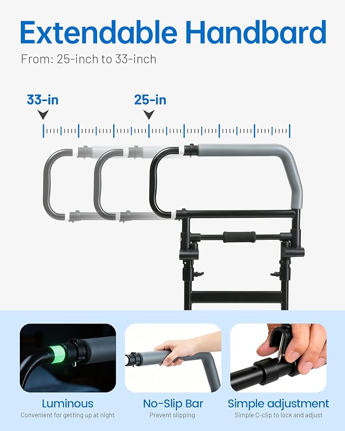 Safety Bed Rail for Elderly Adults - Foldable Bed Assist Rail with Adjustable Height & Storage Pocket, Bedside Support Handle for Seniors, Post Surgery Recovery & Fall Prevention