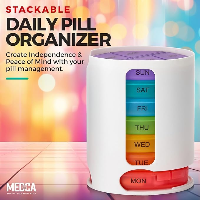 MEDca Weekly Pill Organizer, 1 Dispenser, 7 Stackable Multi-Color Compartments Four Times-a-Day - Morning, Noon, Evening, and Bedtime, White
