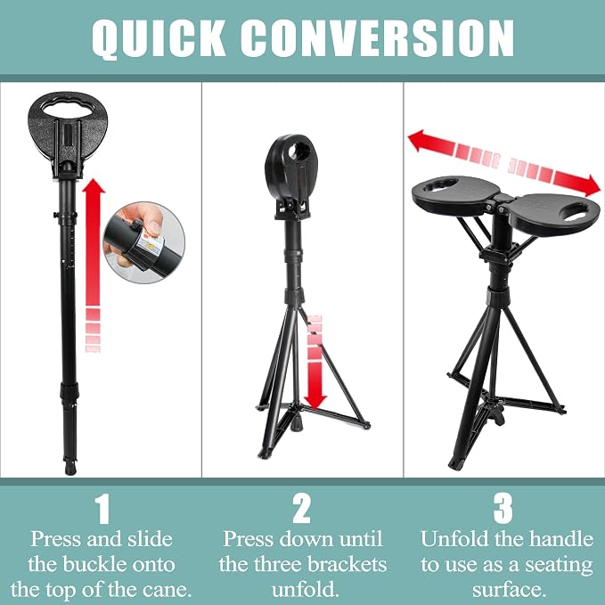 ALEVMOOM Walking Cane with Seat 2-in-1 Cane Stool for Adults, Aluminum Walking Stick with Seat, Stick Chair Portable Stool for Senior