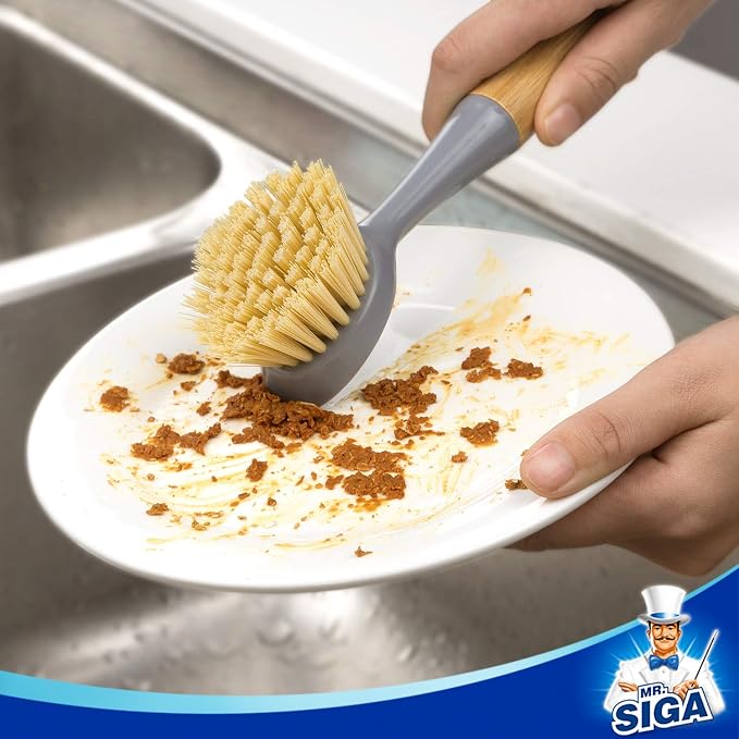 MR.SIGA Dish Brush with Bamboo Handle Built-in Scraper, Pack of 2 | Scrub brush for dishes, pans, pots, kitchen sinks cleaning, palm scrubber, palm scrub brush, dish scrubber with handle