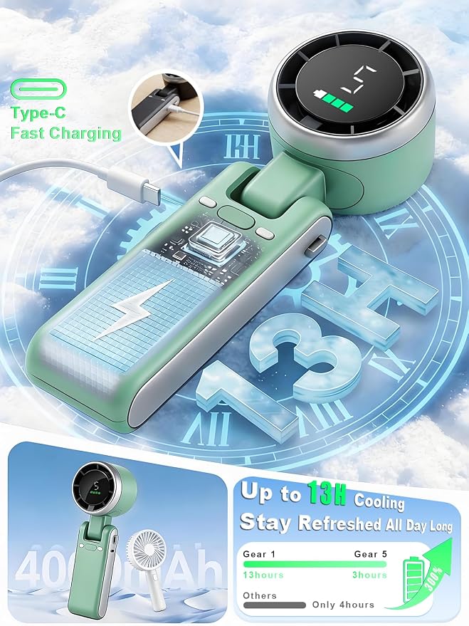 Portable Handheld Turbo Fan, 5 Gear Wind, Battery Operated, Up to 13 Working Hours Rechargeable Fan, 3 IN 1 Hand Fans with Air Turbo Tech Cooling Fan for for Travel, Beach, Outdoor - Green