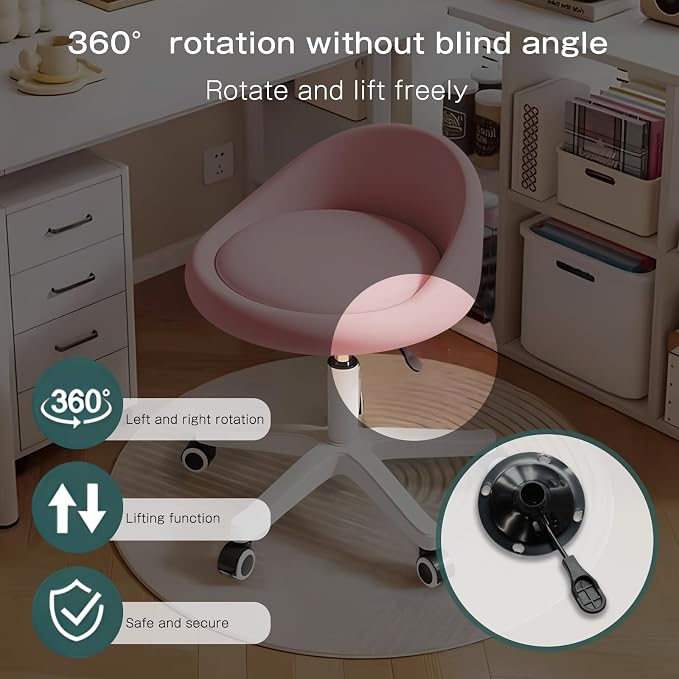 Rolling Stool – Ergonomic Swivel Seat, Adjustable Height, Ultra-Quiet Wheels, Padded PU Leather Cushion, for Salon, Office, Massage & Medical Use Pink 1