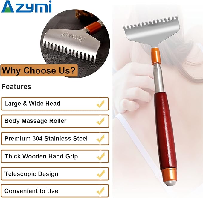 Back Scratcher Long Oversize, Back Scratcher for Men Adults Extendable with Wood Handle Massage Roller, Stainless Steel Extra Wide Claw Manual Back Scratcher Massager