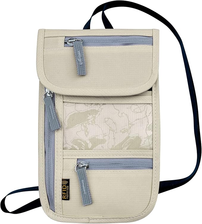 Travel Neck Wallet, RFID Blocking Passport Holder with Adjustable Neck Strap for Men and Women to Keep Cash, Credit Cards and Travel Documents Safe - Beige