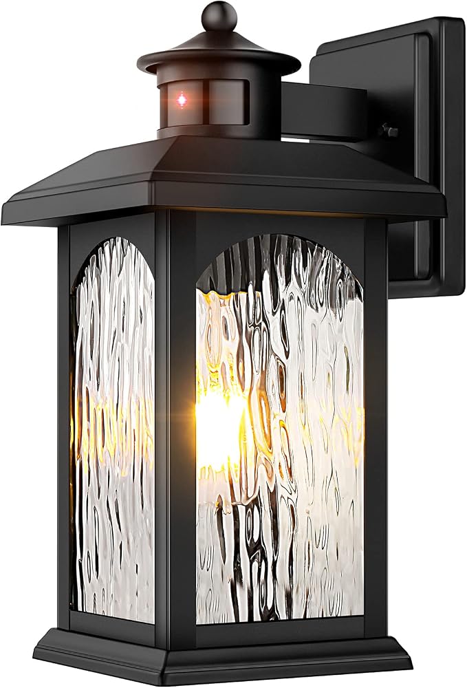 FILIYANO Motion Sensor Outdoor Light Fixture, Dusk to Dawn, Black, 1 Pack | Anti-Rust, Waterproof Wall Mount Wall Lights for Outside, Tempered Glass Coach Lights for Front Door, Garage, Porch and Patio