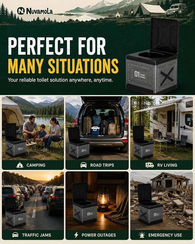 Portable Camping Toilet for Adults, Foldable Travel Toilet with Lid, Compact Car Toilet for Camping, Road Trips, RV, Hiking and Emergency Use, Outdoor Travel Potty, Easy to Store and Carry