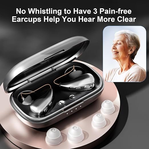 Hearing Aid for Seniors，OTC 32 Channel 5 Volume Hearing Amplifier with Rechargeable Case & Noise Cancelling Phones Sound Cleaner，Invisable Ergonomic Auto-On/Off Digital Hear Aid for Dryer Hear Loss (Light Sliver)