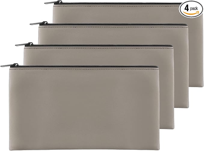 4Pack Money Bag 11 X 6, Safe Durable Waterproof PU Leather Bank Pouch With Zipper for Cash, Coins, Checks, Makeup, Bills, Receipts, Tool Storage (Grey)