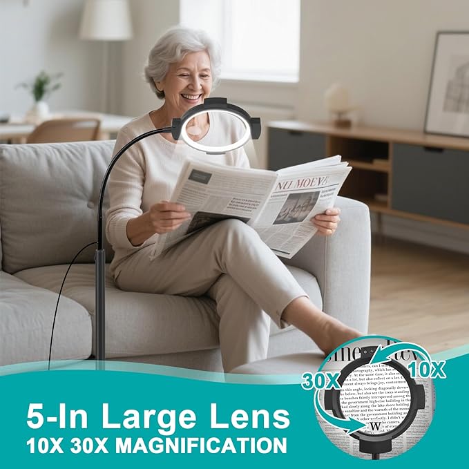 10X 30X Floor Magnifying Glass with Light and Stand, Large 54-LED Dimmable Magnifying Floor Lamp, 2 in 1 Lighted Magnifier for Reading,Close Work,Sewing, Crafts