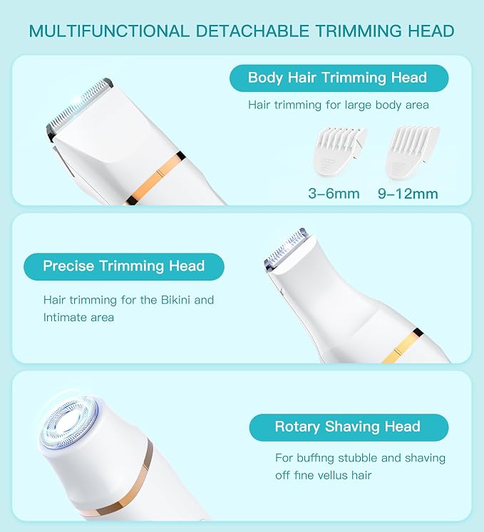 HEBECA Bikini Trimmer for Women, 3in1 Electric Razor for Women with Facial Trimmers & Intimate Shaver for Sensitive Skin, Waterproof Wet & Dry Use Rechargeable Pubic Hair Trimmer Removal